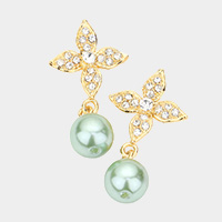 Elegant Floral Motif Crystal Pearl Drop Earrings