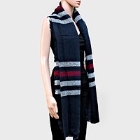 Stripe Accented Knit Shawl Scarf with Raw Fringe Trim