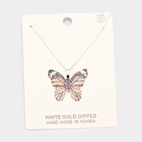 White Gold Dipped Textured Butterfly Pendant Necklace