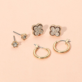 3Pairs - Brass Metal Round Stone Druzy Quatrefoil Hoop Earring Set