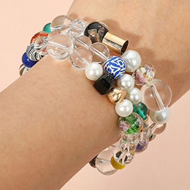 3PCS - Patterned Bead Accented Pearl Clear Lucite Ball Stretch Bracelets