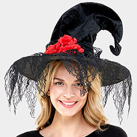 Gothic Floral Lace Trim Curved Peak Halloween Witch Hat