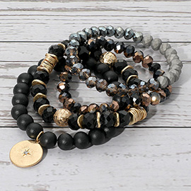 4PCS - North Star Accented Round Charm Wood Faceted Beaded Stretch Bracelets