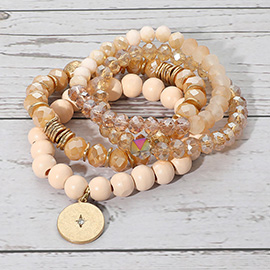 4PCS - North Star Accented Round Charm Wood Faceted Beaded Stretch Bracelets