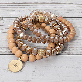 4PCS - North Star Accented Round Charm Wood Faceted Beaded Stretch Bracelets