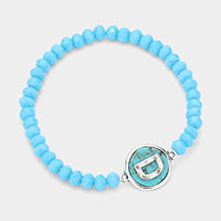 -D- Initial Monogram Turquoise Charm Faceted Beaded Stretch Bracelet