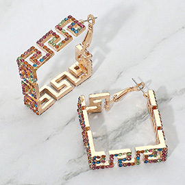 Rhinestone Embellished Greek Patterned Square Hoop Earrings