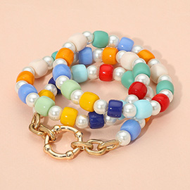 3PCS - Open Metal Circle Accented Pearl Resin Beaded Stretch Bracelets