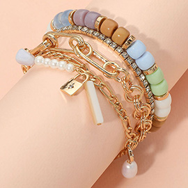 3PCS - Pearl Lock Charm Metal Chain Link Beaded Bracelets