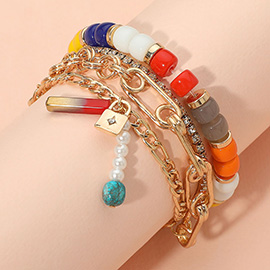 3PCS - Pearl Lock Charm Metal Chain Link Beaded Bracelets