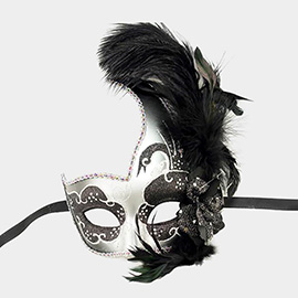 Feather Rhinestone Accent Venetian Masquerade Party Mask