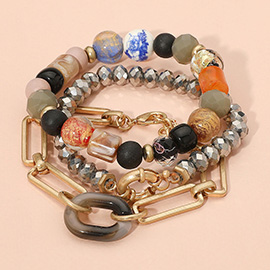 3PCS - Paperclip Metal Link Chain Faceted Beads Natural Stone Multi Layered Bracelets
