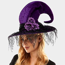 Floral Lace Trim Curved Halloween Witch Hat