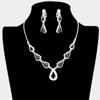 Teardrop Stone Accented Rhinestone Pave Necklace Clip on Earring Set