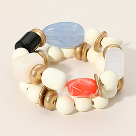 2PCS - Chunky Marbled Natural Stone Wood Ball Beaded Stretch Multi Layered Bracelets