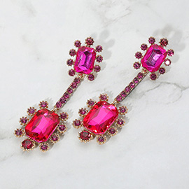Double Emerald Cut Stone Accented Dangle Evening Earrings