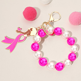 Pink Ribbon Afro Girl Pearl Stretch Keychain / Bracelet