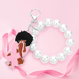 Pink Ribbon Afro Girl Pearl Stretch Keychain / Bracelet