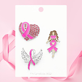 3PCS - Pink Ribbon Pointed Heart Angel Wings Afro Girl Pin Brooches