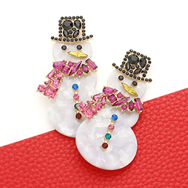 Multi Stone Embellished Celluloid Acetate Snowman Dangle Earrings
