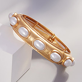 Oval Pearl Pointed Brushed Metal Stretch Bangle Bracelet