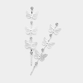 Stone Pointed Metal Cut Out Triple Butterfly Link Dropdown Earrings