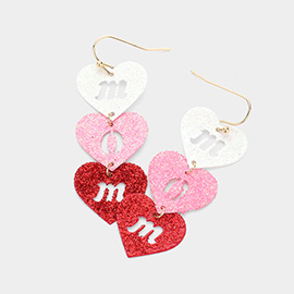 MOM Cut Out Glittered Metal Heart Link Dropdown Earrings