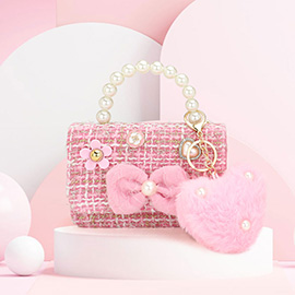 HOT FOCUS - Kids Tiny Mini Tweed Crossbody Bag with Heart Pom Pom Keychain