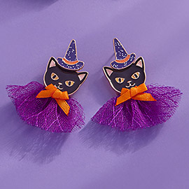 Halloween Black Cat With Bow Earrings