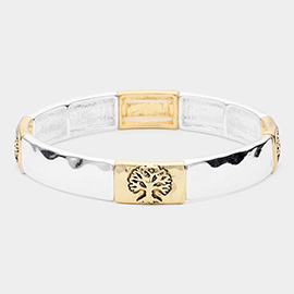 Tree Of Life Pointed Hammered Metal Stretch Bracelet
