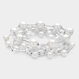 7PCS - Pearl Metal Ball Beaded Stretch Multi Layered Bracelets