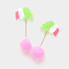 Glittered Resin Green Monster Hand Pom Pom Dropdown Earrings