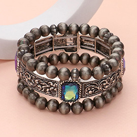 3PCS - Rectangle Glass Stone Pointed Western Metal Wood Ball Beaded Multi Layered Bracelets