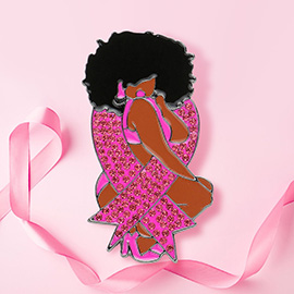 Pink Ribbon Accented Enamel Metal Afro Girl Pin Brooch
