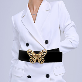 Metal Cut Out Butterfly Buckle Accented Elastic Belt