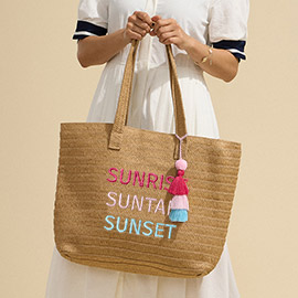Raffia SUNRISE SUNTAN SUNSET Message Embroidered Summer Tote Bag