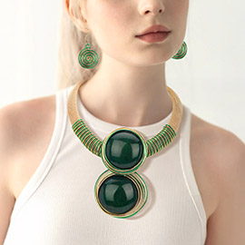 Metal Wire Wrapped Bold Resin Double Pendant Accented Statement Necklace