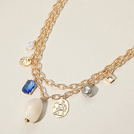 Natural Stone Pearl Metal Coin Stone Cluster Charm Station Double Layered Necklace