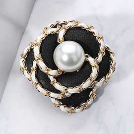 Pearl Pointed Faux Leather Chain Rim Tweed Flower Pin Brooch / Hair Clip