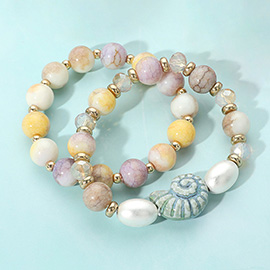 2PCS - Ceramic Snail Conch Shell Pearl Natural Stone Beaded Stretch Multi Layered Bracelets