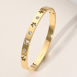 Stainless Steel Stone Paved Open Flower Cut Out Hinged Bangle Bracelet