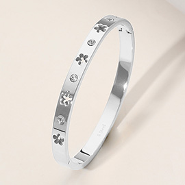 Stainless Steel Stone Paved Open Flower Cut Out Hinged Bangle Bracelet