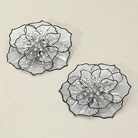 Oversized Pearl Rhinestone Bud Pointed Enamel Rim Metal Cut Out Flower Earrings