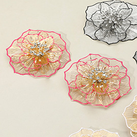 Oversized Pearl Rhinestone Bud Pointed Enamel Rim Metal Cut Out Flower Earrings
