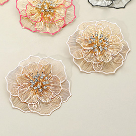 Oversized Pearl Rhinestone Bud Pointed Enamel Rim Metal Cut Out Flower Earrings
