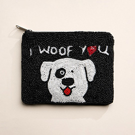 I WOOF YOU Message Puppy Seed Beaded Mini Pouch Bag