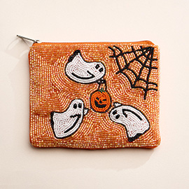 Halloween Ghost Pumpkin Web Seed Beaded Mini Pouch Bag