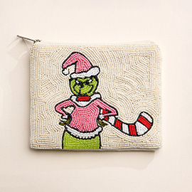 Christmas Green Monster Seed Beaded Mini Pouch Bag