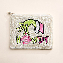 HOWDY Message Christmas Green Monster Hand Seed Beaded Mini Pouch Bag