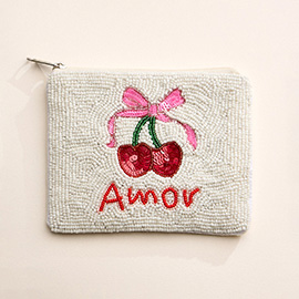AMOR Message Bow Cherry Beaded Mini Pouch Bag